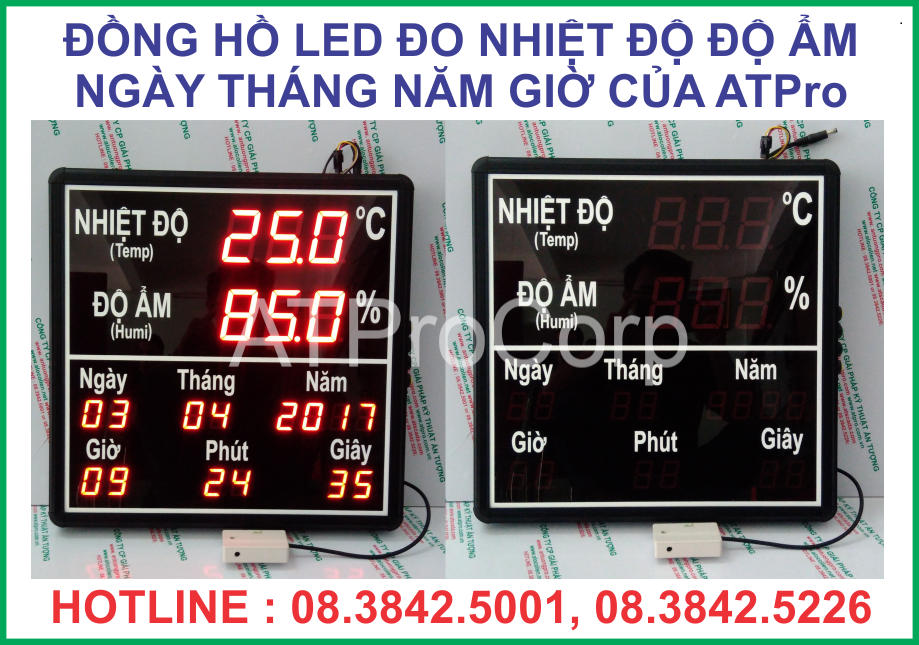 DONG HO LED TREO TUONG - ĐỒNG HỒ ĐIỆN TỬ ĐO NHIỆT ĐỘ ĐỘ ẨM NGÀY THÁNG NĂM GIỜ CỦA ATPRO