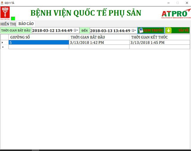 Phần mềm có phần báo các thông số gọi y tá.