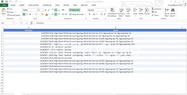 Xuất file excel báo cáo theo dõi nhiệt độ kho lạnh